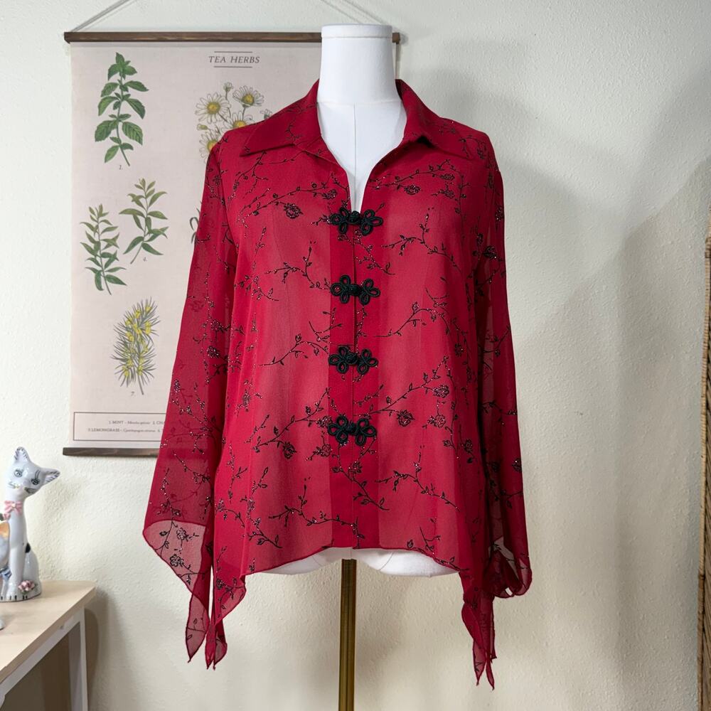 Floral Glitter Asymmetric Flare Sleeve Top Vampire Whimsigoth Romantic Goth L